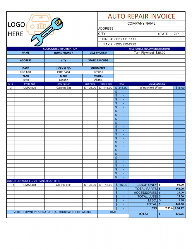 Auto Repair Invoice Template Word Invoice Example