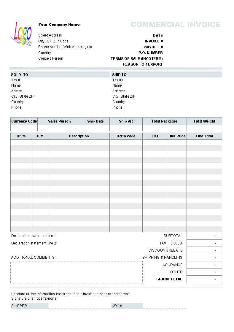 Commercial Invoice Template Excel Free Download Invoice Example