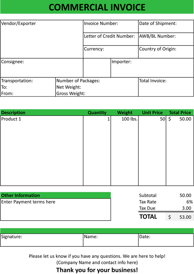 ms word commercial invoice template