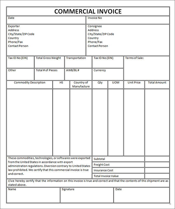 Commercial Invoice Template Free Invoice Example