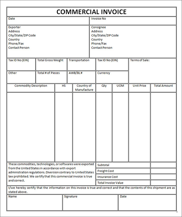 word commercial invoice template
