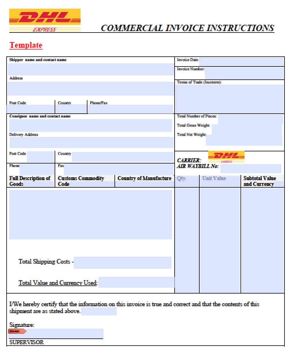 Dhl Commercial Invoice Template Invoice Example