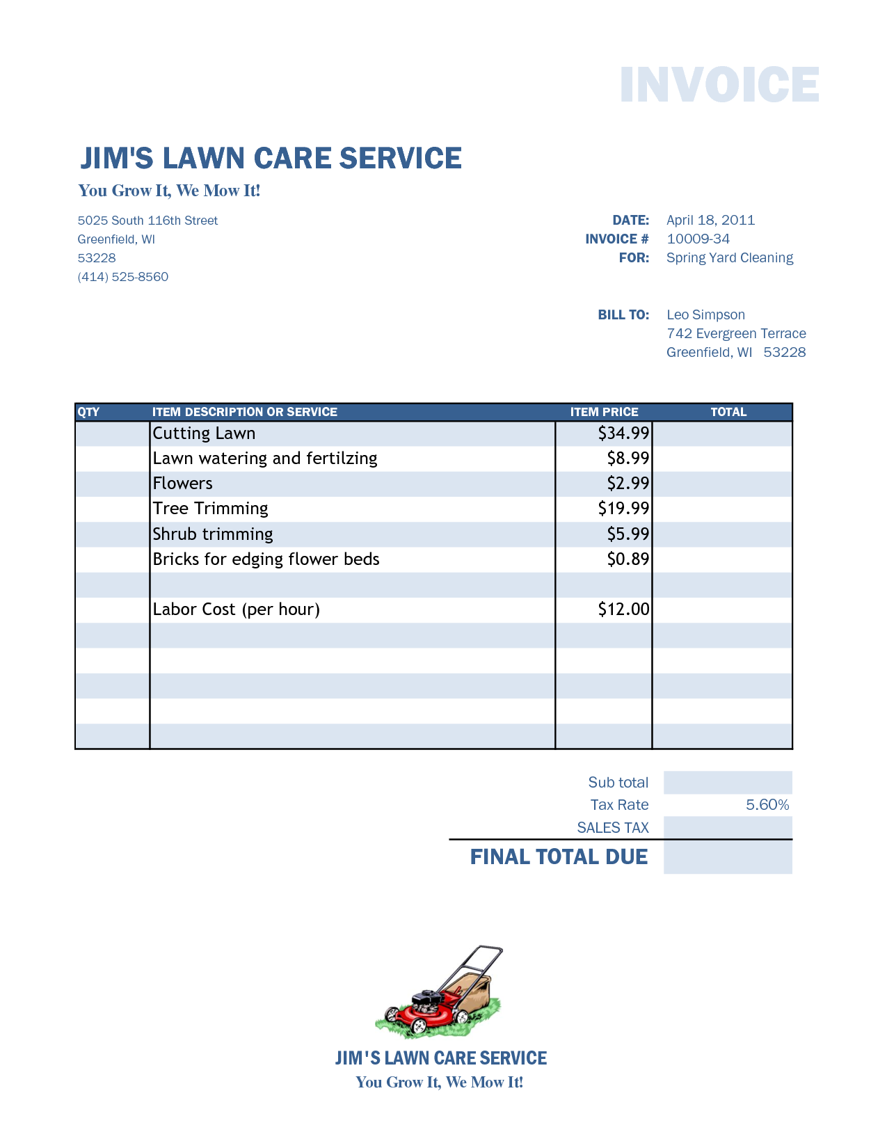 Lawn Care Invoice Template Word Invoice Example