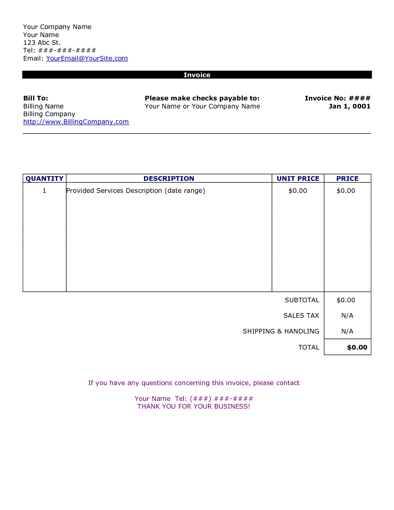 word document blank invoice template