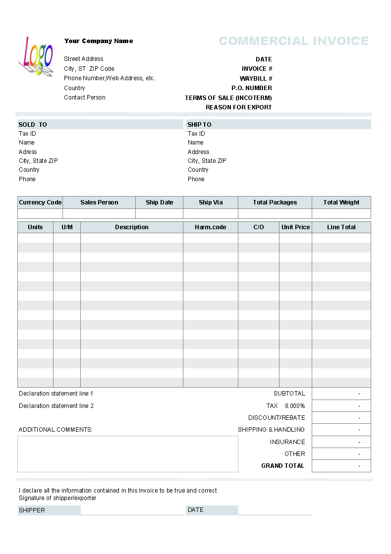 commercial invoice template free
